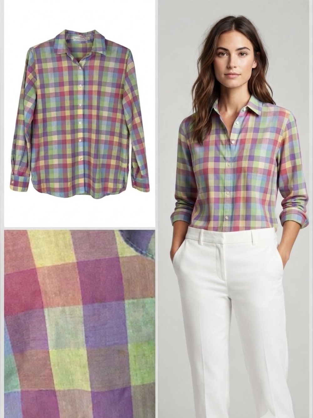 Foxcroft Womens Shirt M 10 Pastel Plaid Checked Wrinkle Free Cottagecore Garden